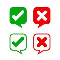 check mark sign in speech bubble square, checkmark yes or no vote in speech box symbol, correct choice x or confirm and deny icon, cross or right for question, label talk ok and a deny vector