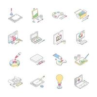 An isometric collection showing graphic designing and art supplies icons vector