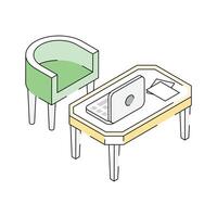 Ready to use isometric outline icon denoting laptop table with couch vector