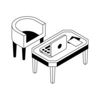 Ready to use isometric outline icon denoting laptop table with couch. vector