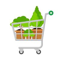 icon cart and tree potted for tree sales business online, illustration basket for tree pot purchase in e-commerce floral shop, trolley cart of tree symbol for clip art vector