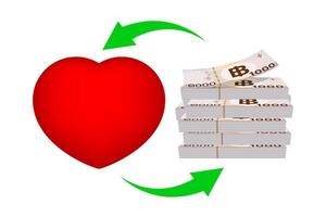 pile 1000 baht banknote money and red heart shape with arrow, money and life health concept, heart shape and THB banknote money for insurance concept, money thai baht and red heart symbol vector