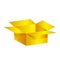 gold carton box single isolated on white background, open crate boxes golden 3d square, clip art cardboard parcel box gold empty, isometric paper boxes golden, packaging parcel box open gold blank vector