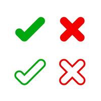 check mark and x for confirm and deny icon simple, red green checkmark isolated on white, check list button flat for apps and websites symbol, icon minimal for tick choice, checkbox button for choose vector