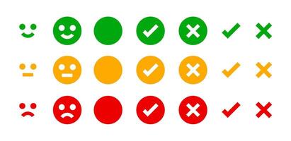 icon emotions face, emotional symbol and approval check sign button, emotions faces and checkmark x or confirm and deny, button checkbox flat for apps, faces icons and checkmark choice for a checklist vector