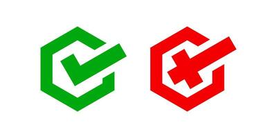 hexagon check mark and x or confirm and deny, hexagon button checkmark for apps or websites, icon checklist choice, checkbox button for choose, hexagon answer box for check mark, approval check sign vector