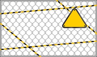caution tape line stripe on wire mesh and triangle warning sign, triangle sign yellow on wire mesh isolated on white background, warning space with ribbon tape or comfort safety zone, copy space vector