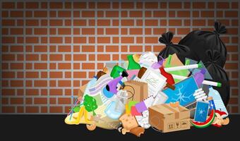 pile garbage waste plastic many at brick wall, stack garbage plastic and paper many dump, different types waste, organic, plastic, glass, metal, paper and electronic e-waste, pollution garbage waste vector