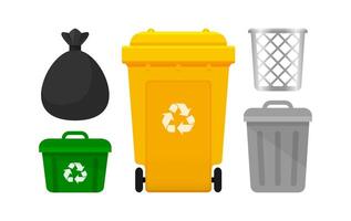 Bin Collection, Yellow Recycle Bin and Plastic Bags Waste isolated on white Background, Bins with Recycle Waste Symbol, Front view set of the Bins and Bag Plastic for Garbage waste, 3r Trash vector