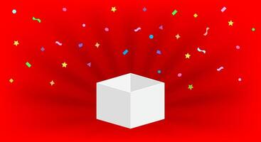 empty box open isolated on red background, open white box for surprise or gift present, blank box copy space for greeting text concept, white gift box and ribbon confetti colorful vector