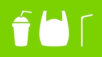 plastic waste shape collection isolated on green, simple shape white of plastic cup, bag, staws tube for flat infographic waste symbol, garbage plastic simple of element design, icon garbage plastic vector