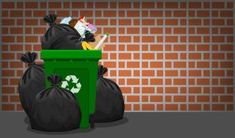 pile of garbage waste and bag plastic at green recycle bin on brick wall, plastic garbage waste many, plastic waste dump and bin green, illustration stack plastic waste and bin separation recycle vector
