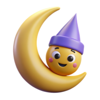 dramatic elegant Smiling crescent moon character with pointy hats. Minimal design, flat color, crisp edges with Scalable Design. high resolution png