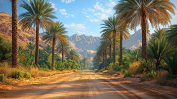 Mesmerizing desert pathway surrounded by palm trees and majestic mountains photo