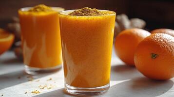 Refreshing citrus smoothie with a spice twist in a cozy kitchen setting photo