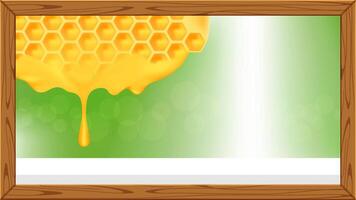honeycomb in a wooden frame and copy space advertisement, honey comb in wood frame for banner advertising, honey bee frame for background, honeycomb in nature farm and hive wood for text vector
