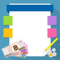 stack thai banknote money on paper works, money and paper sheets for notes, copy space, money clipboard paper for banner of savings content, paper money and space background, currency THB thai vector