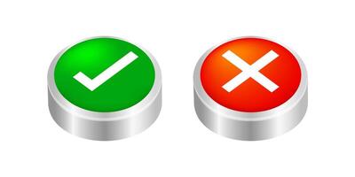 button push 3d checkmark and x or confirm and deny for apps and websites, icon 3d checkmark choice, checkbox button for push choose game, answer box for checklist, approval sign or check buttons push vector