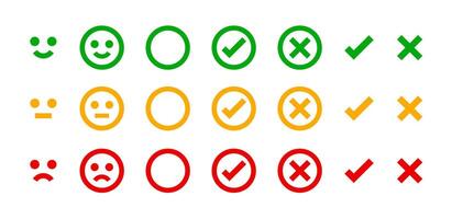 icon emotions face, emotional symbol and approval check sign button, emotions faces and checkmark x or confirm and deny, button checkbox flat for apps, faces icons and checkmark choice for checklist vector