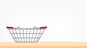 metal basket empty for supermarket, shopping basket silver on the top table front, handle basket metal side view on wood floor, basket market cart for sale with handles, illustration and copy space vector