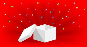 empty box open isolated on red background, open white box for surprise or gift present, blank box copy space for greeting text concept, white gift box and a ribbon confetti colorful vector