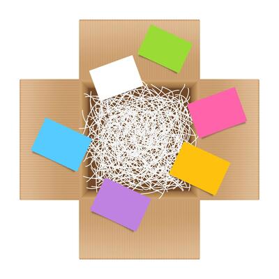 white shredded paper in cardboard box brown open and multi colored paper note sheet, shredded paper in box brown top view for packaging, doodle shredded paper for recycle waste and post note sticky