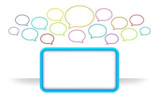 modern square frame blue and speech bubble colorful many, speech bubble icon and square frame for copy space text, communication social talk concept, dialog box empty for think or speak graphic signs vector