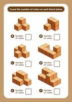 articles sheet count the number of cubes on each block, kids activity sheet for counting number 3d cubes, logic counting for preschool children, worksheet educational a mathematical game for printable vector