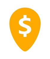 dollar currency symbol in pin point for icon, coin dollar money yellow orange, dollar money symbol in pointer pin shape, dollar currency coin for button info graphics flat simple, isolated on white vector
