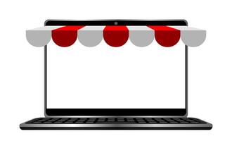 notebook screen with red awning roof, storefront shop in online shopping concept, mock-up computer screen for copy space, blank laptop screen isolated on white, mock up display computer equipment vector