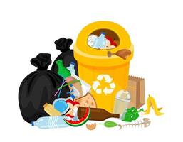 garbage waste and bag plastic at yellow recycle bin isolated on white, pile plastic garbage waste many, plastic waste dump and bin yellow, plastic waste and bin separation recycle, garbage pollution vector