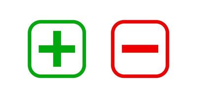 square minus and plus sign icons graphic, negative and positive symbol isolated on white, anode cathode sign red and green square buttons vector
