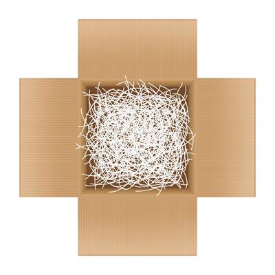 white shredded paper in cardboard box brown open for gift pack, shredded paper in the box brown top view for packaging, doodle shredded paper for recycle waste, scrap paper garbage isolated on white