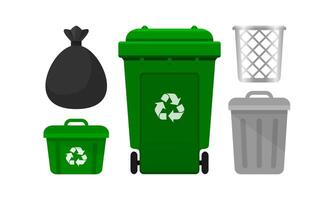 bin collection, green recycle bin and plastic bags waste isolated on white background, bins with recycle waste symbol, front view set of the bins and bag plastic for garbage waste, 3r trash vector