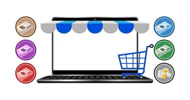 money thai baht icon and notebook computer for shopping online, notebook screen with shopping cart and THB money, business finance and e-commerce concept vector