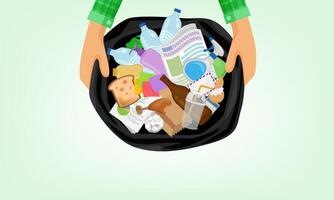 garbage bag and hand holding in top view, bag plastic waste and a lot of rubbish, stack paper glass and bottle plastic waste, garbage many in the plastic bin bag black, waste for separation recycle vector
