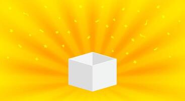 empty box open isolated on yellow gold background, single open white box for surprise or gift present, blank box copy space for greeting text concept, white gift box 3d and ribbon confetti gold vector
