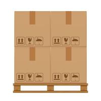 crate boxes four on wooden pallet, wood pallet with cardboard box in factory warehouse storage, flat style warehouse cardboard parcel boxes stack, packaging cargo, 3d boxes brown isolated on white vector