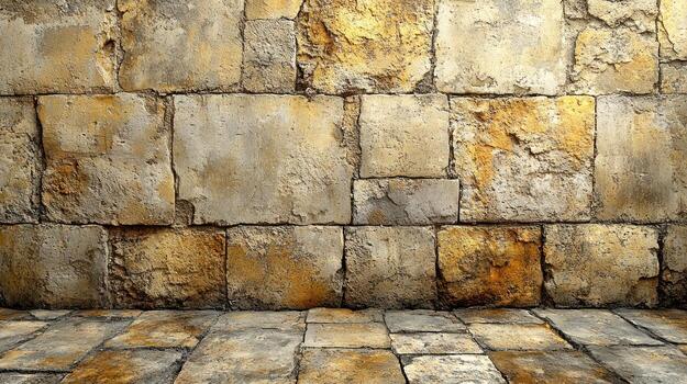 Textured stone wall and floor create a rustic backdrop for artistic displays photo