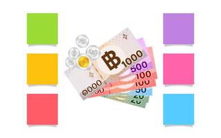 stack thai banknote money on paper works, money and paper sheets for notes, copy space, paper money thai baht for banner, savings content, money and space background, currency THB thai in top view vector