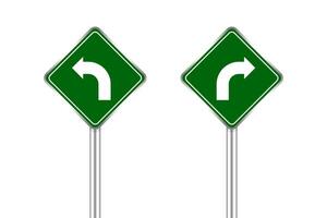 road sign of arrow pointing bend to left and right, traffic road sign green isolated on white, traffic sign turn left and right, warning caution sign and steel pole for direction signpost vector