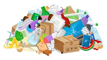 pile garbage waste plastic many, stack garbage plastic and paper many dump, different types waste, organic, plastic, glass, metal, paper and electronic e-waste, pollution garbage waste vector