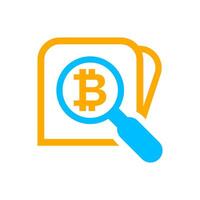 magnifying glass with bitcoin currency money symbol for icon search, bitcoin coin with magnifying glass for button app, research icon blue on orange wallet, bitcoin money symbol in search icon vector