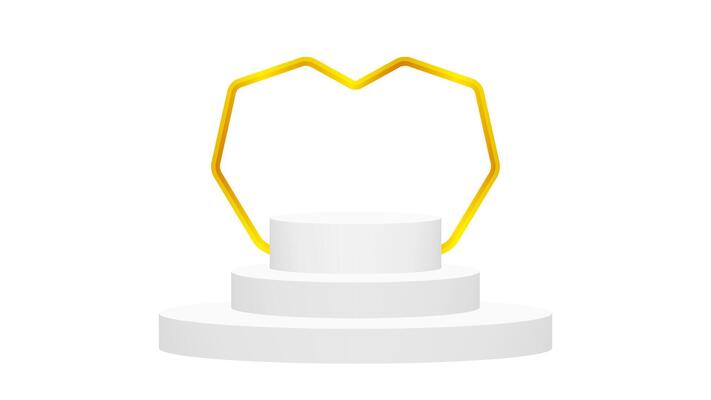modern pedestal stage white grey and luxurious gold heart shaped frame backdrop, stage podium 3d for cosmetics product luxury display show, pedestal stand deluxe, ornate pedestal for award and success
