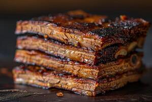Delicious layers of richly smoked brisket stacked perfectly for a mouthwatering feast photo