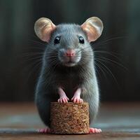 Small gray mouse perched on a cork with curious expression in a cozy indoor setting photo