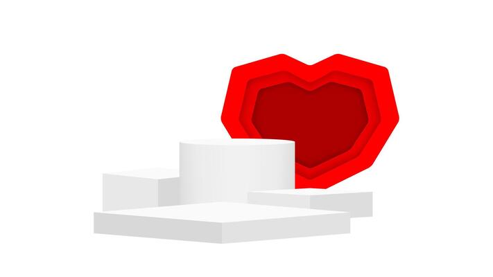 modern pedestal stage white grey and luxurious red heart shaped frame backdrop, stage podium 3d for cosmetics product luxury display show, pedestal stand deluxe