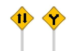 road sign of arrow pointing two way traffic ahead and crossroad, traffic road sign yellow color isolated on white, warning caution sign and steel pole for direction signpost the way vector