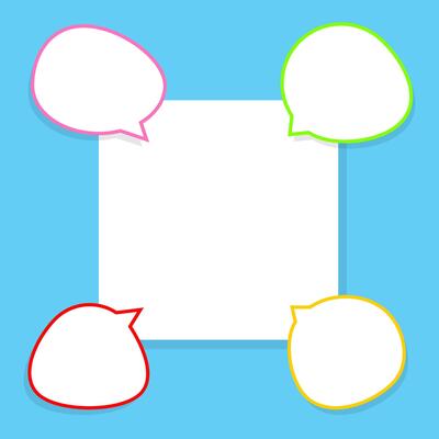 speech bubble line on square white for copy space text, cute speech bubble paper on empty frame for banner, square frame white space on light blue for message