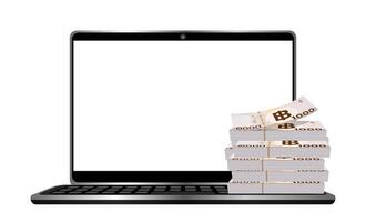 pile money 1000 baht banknote thai on notebook computer, bank note paper money thai THB front of laptop, online shopping concept, stack money on notebook white screen, business finance idea copy space vector